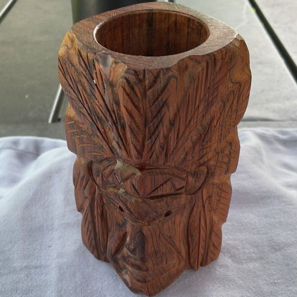 Hand Carved Wook Indian Chief Pen Holder